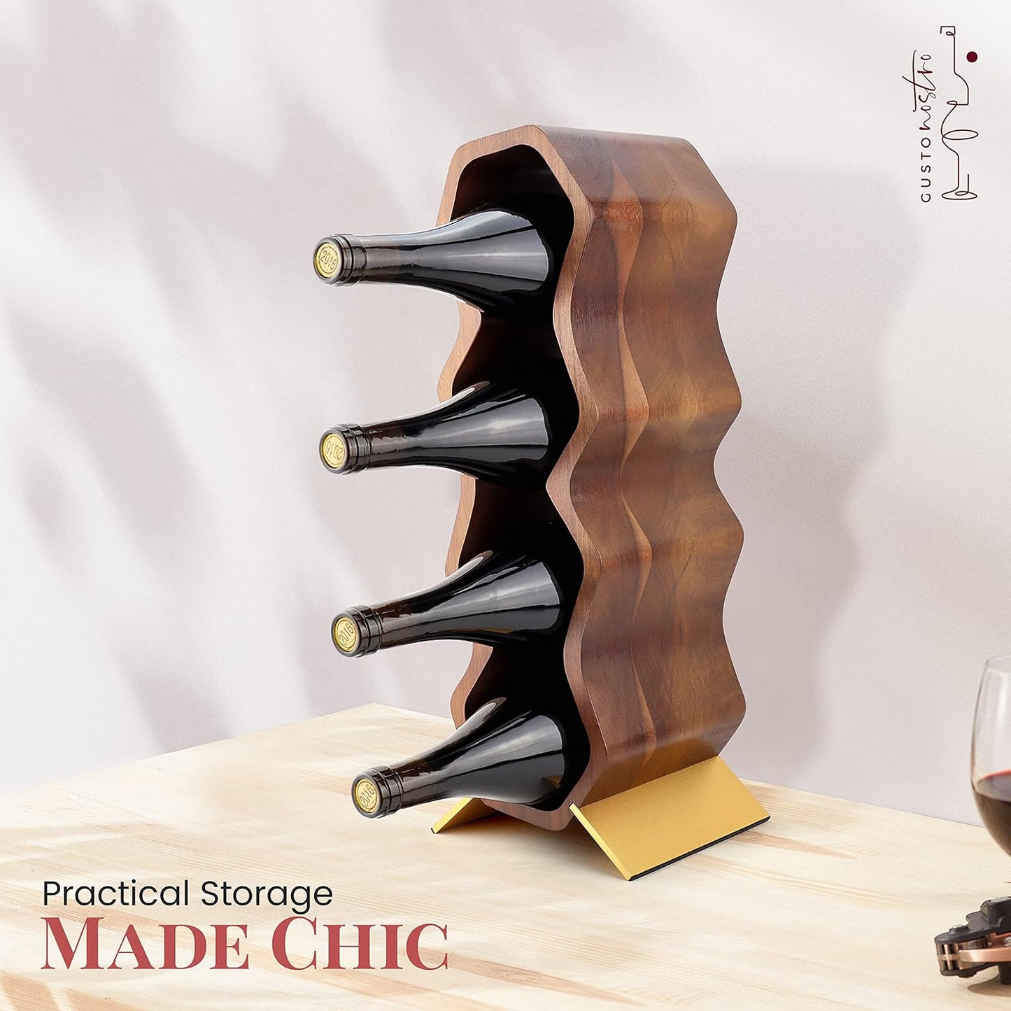 Wood Wine Rack, 7 Bottle, 2 Tier Wooden Countertop Free Standing Shelf