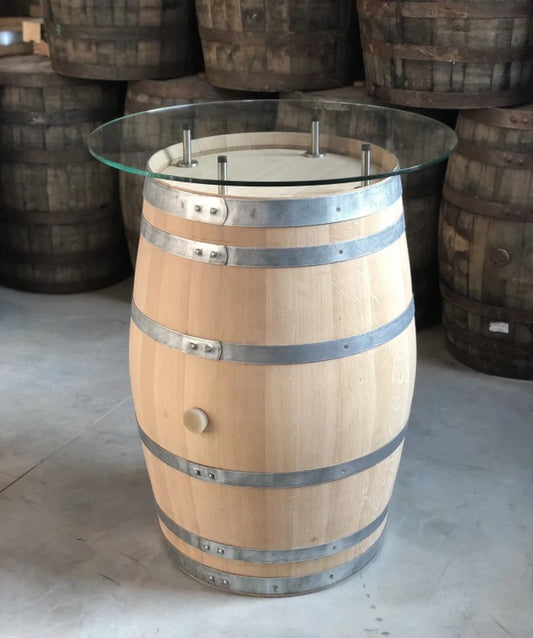 Wine barrel bar table with glass top